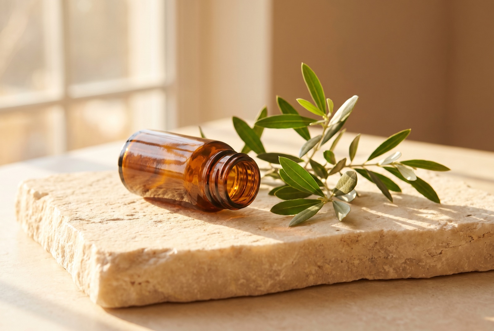 martwa natura - buteleczka serum i galazka zielonych lisci
